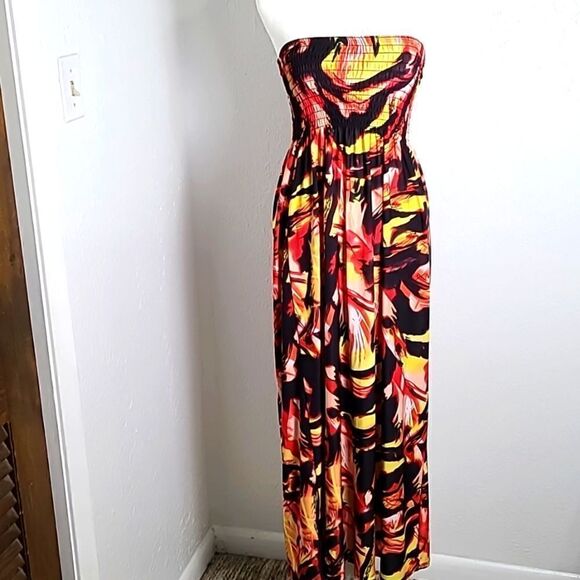 What's Hot Dresses & Skirts - What's Hot Strapless Maxi-Dress, Black, Red & Yellow Print, Size Large